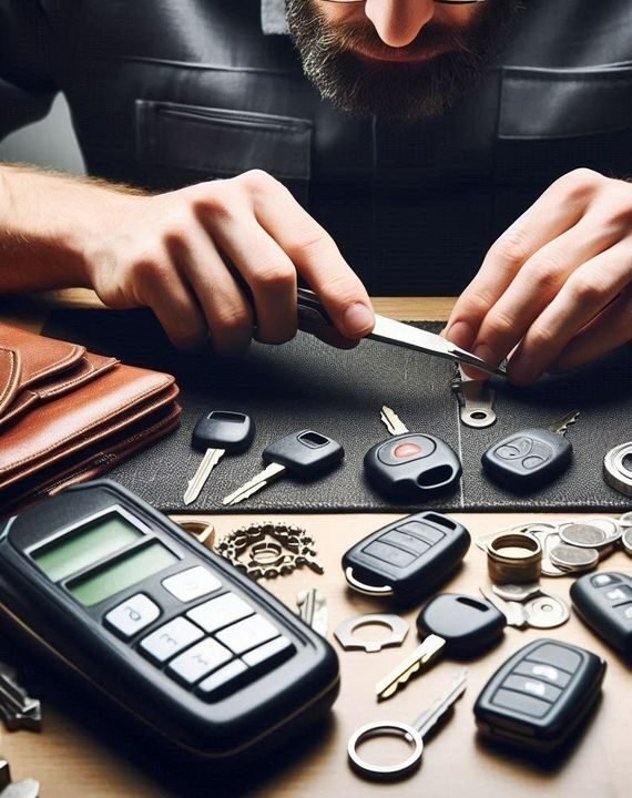 “Automotive locksmith cutting a new key”